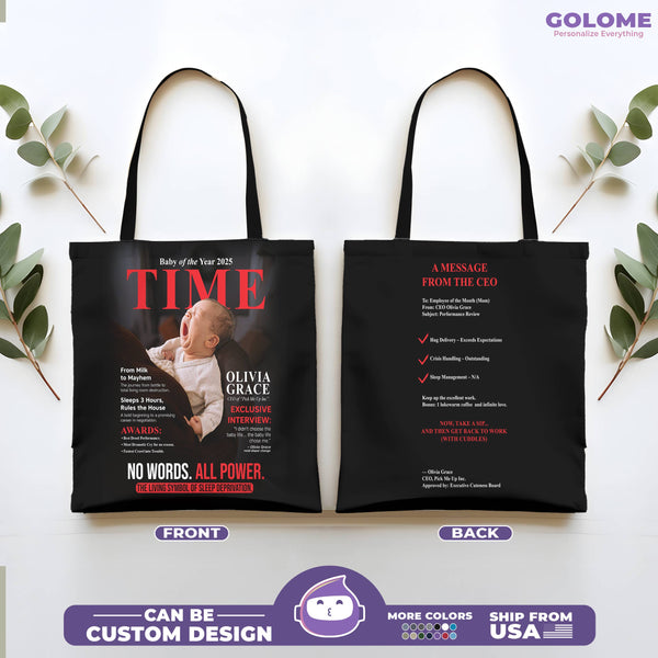 Personalized TIME Baby Magazine Tote Bag – Custom Photo, Name & Quote | Funny Gift for Mom
